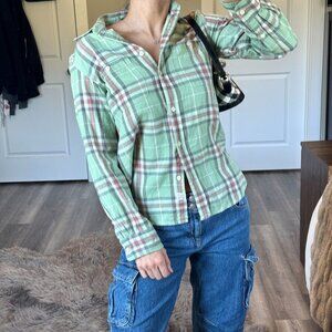 LRL Ralph Lauren Plaid Button Shirt Long Sleeve Sage Green Preppy Grunge Cottage